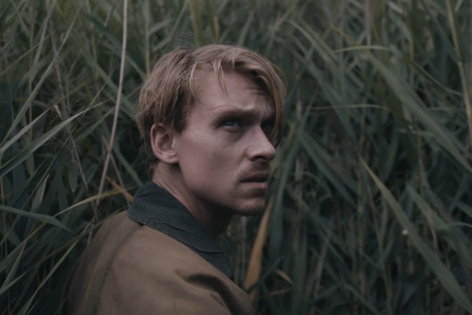 Man standing in tall grass, looking towards the sky with uncertainty.