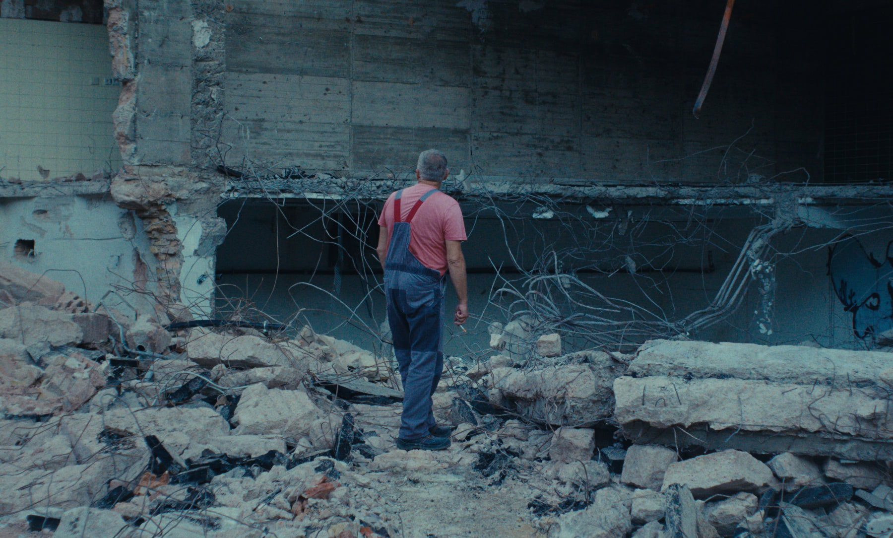 A construction worker standing in a pile of rubble, looking at a demolished wall