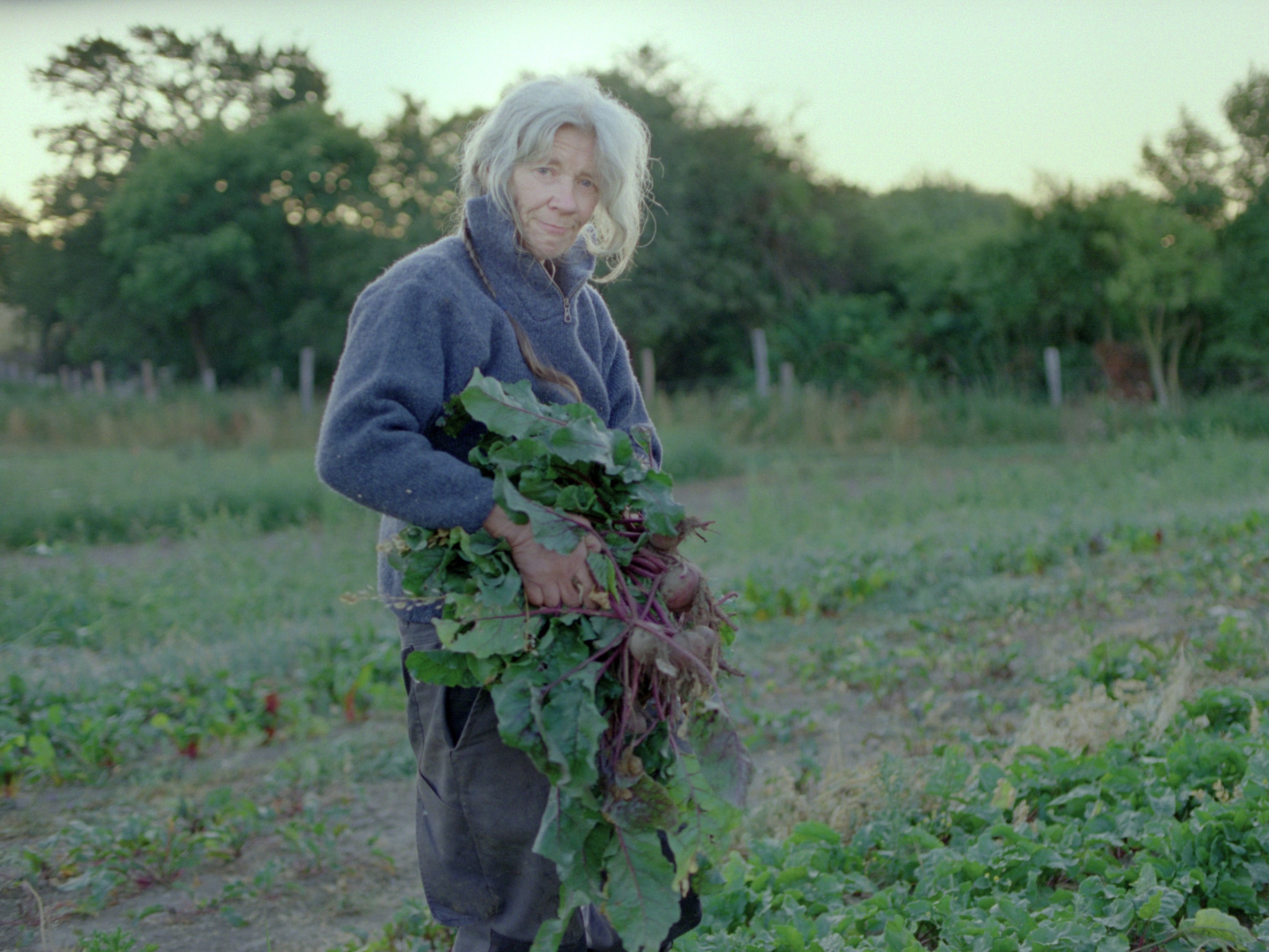 An older woman standing in a field, holding a bunch of beetroot and looking at the camera.