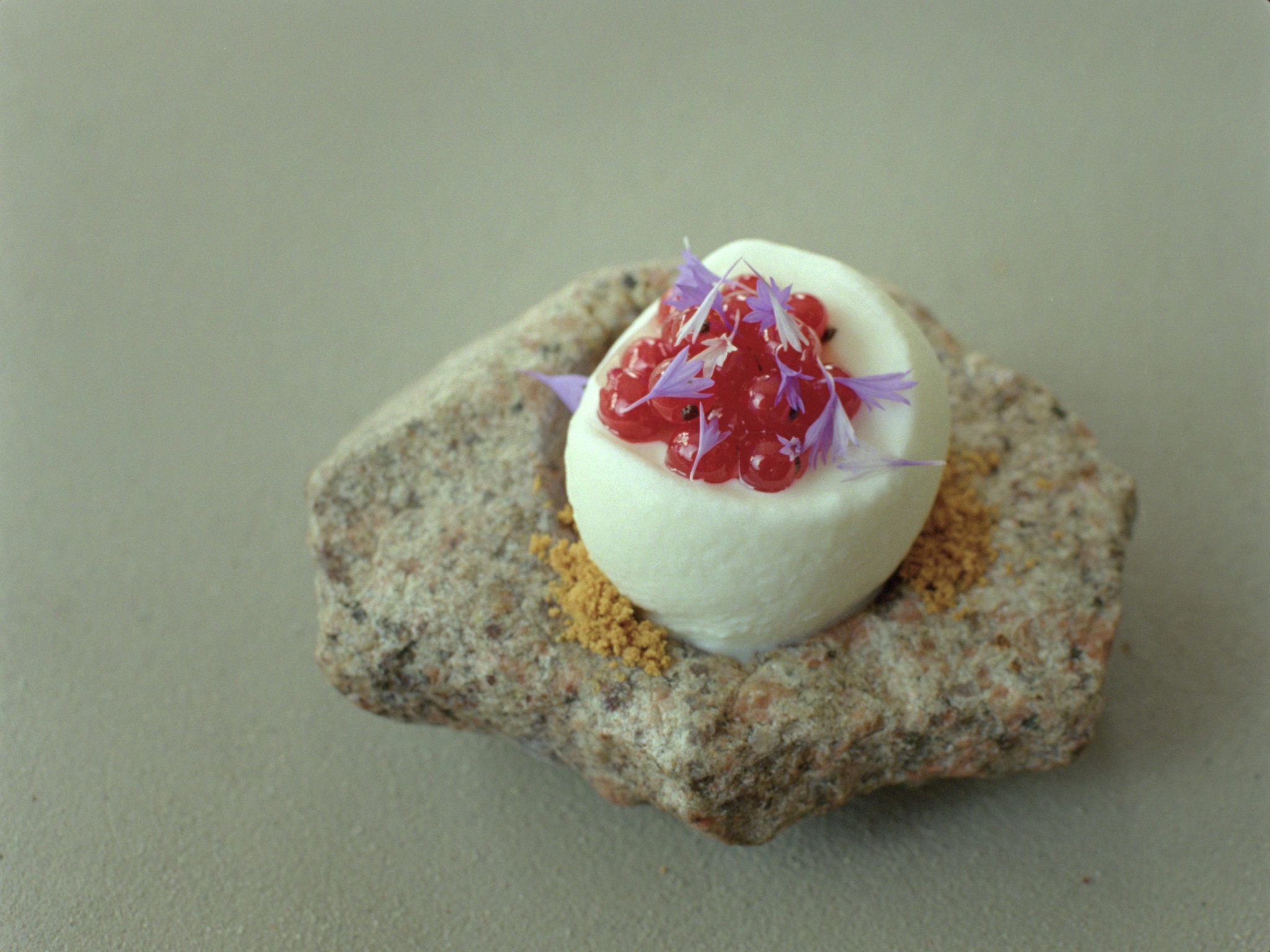 A small stone plate with ice cream, red currant and corn flower on a concrete table.